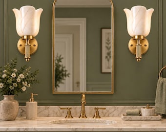 Alabaster Flower Wall Sconce, Brass Wall Light, Vintage Floral Sconce, Luxury Bathroom Bedroom Lighting, Elegant Interior Light