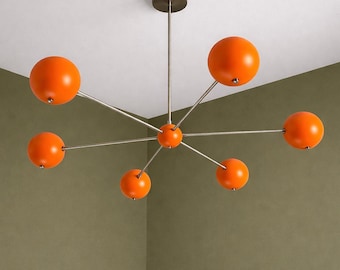 Mid Century Orange Ball Chandelier: Brass 6-Light Fixture