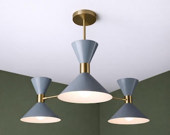 Mid Century Modern Chandelier: Blue & Brass 3-Light Ceiling Fixture