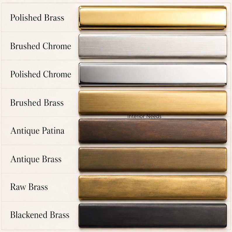 May include: A collection of eight rectangular metal cabinet pulls arranged vertically, labeled with finishes: Polished Brass, Brushed Chrome, Polished Chrome, Brushed Brass, Antique Patina, Antique Brass, Raw Brass, and Blackened Brass.