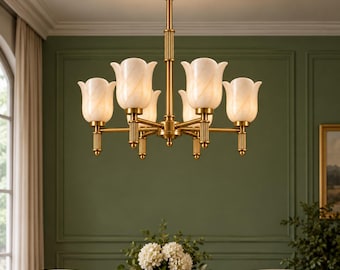 6 Light Alabaster Chandelier, Brass Mid Century Modern Chandelier, Tulip Glass Pendant Light, Dining Room Ceiling Light, Luxury Lighting