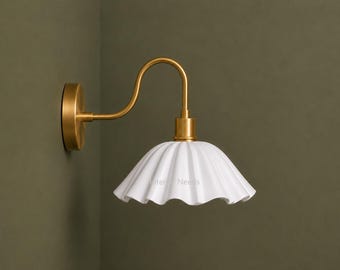 Modern Brass Wall Sconce, White Flower Shade, Vintage Inspired Vanity Light, Mid Century Lamp