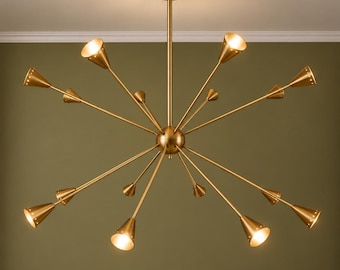 16 Light Sputnik Chandelier, Mid Century Modern Brass Chandelier, Atomic Ceiling Light, Retro Starburst Pendant, Dining Room Lighting