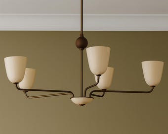 Mid-Century Modern Brass Chandelier –  Shade Pendant