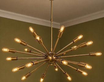 Antieke messing Sputnik kroonluchter, plafondlamp in mid-century modern stijl, stervormige hanglamp, vintage messing eetkamerverlichting, industriële decoratie