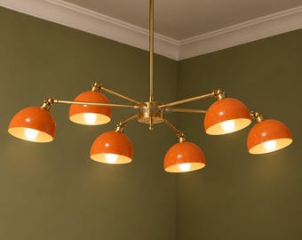 Oranje koepelkroonluchter, messing plafondlamp met 6 lampen, kroonluchter in mid-century modern stijl, atomische hanglamp, retro eetkamerverlichting