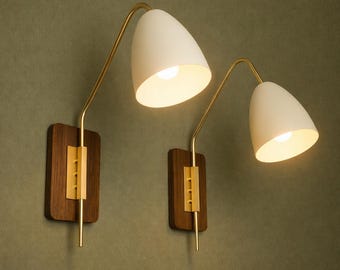 Mid Century Modern Wall Sconce Pair: Brass & Walnut, Adjustable Cone Shade