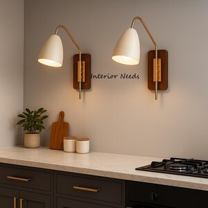 May include: Two wall-mounted lamps with white, cone-shaped shades and brass arms. They are fixed to wooden backplates. The text "Interior Needs" is on the wall. A chopping board, plant, and canisters are on the countertop.