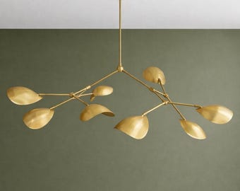 Handcrafted Raw Brass Leaf Chandelier | Mid Century Brass 8-Arm Light