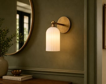 Handmade Brass Wall Sconce with Fluted Alabaster Shade | Mid Century Modern Bathroom Vanity Light | Vintage Brass Wall Lamp
