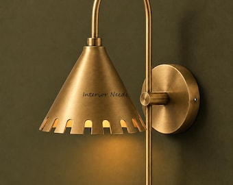 Brass Wall Sconce, Handmade Cone Shade Wall Light, Vintage Brass Sconce, Mid Century Modern Lighting, Bedroom Bedside Lamp