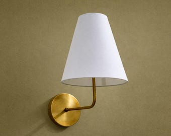 1950s Brass Wall Sconce with White Fabric Shade - Mid Century Lighting