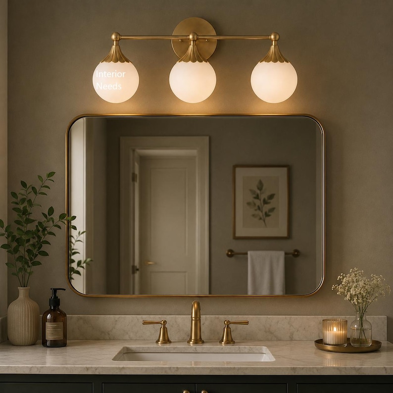 Lámpara de tocador de latón de 3 luces / Aplique de pared moderno de mediados de siglo con globo de cristal opalino y espejo imagen 1