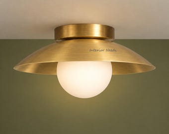 Modern Brass Flush Mount Ceiling Light, Mid Century Globe Light Fixture, Handmade Brass Dome Ceiling Lamp, Contemporary Home Lighting