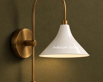 Modern Brass Wall Sconce with White Cone Shade, Mid Century Wall Light, Minimalist Brass Sconce, Bedroom Bedside Lighting