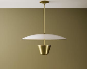 Mid-Century Modern Brass Pendant Light – White Dome Minimalist Ceiling Lamp