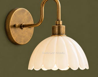Brass Wall Sconce with Fluted Shade, Vintage Flower Pendant Wall Light, Art Deco Lighting, Bedroom Bedside Sconce, Handmade Light Fixture