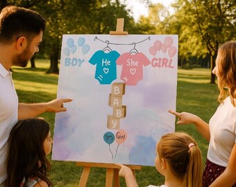 May include: A gender reveal sign on an easel with the words "Boy" and "Girl" and the text "He" and "She" on baby onesies. The word "Baby" is spelled out with wooden blocks. The sign is decorated with balloons.