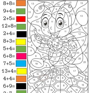 Könnte beinhalten: Eine Malbuchseite mit dem Text "COLORING BOOK COLOR BY NUMBER". Die Seite zeigt eine Zeichentrickfigur und Matheaufgaben mit farbcodierten Antworten. Das Bild ist für Bildungszwecke bestimmt.