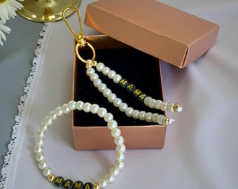 Custom Gift Set/Personalized Pearl Name Bracelet/Personalized Pearl Name Keychain/Custom Stretch Beaded Bracelet/Dainty Letter Jewelry Gift