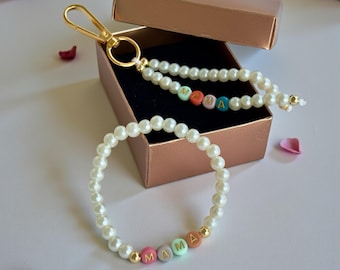 Personalized Pearl Bracelet Keychain Set: Mother's Day Gift