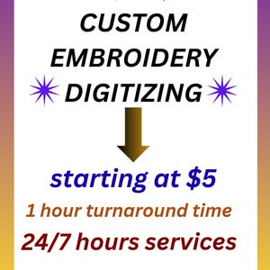 Peut inclure: Une affiche promotionnelle avec les mots "CUSTOM BRODERIE NUMÉRISATION" en gras noir. Le texte "à partir de 5 $" et "délai d'exécution d'une heure" sont également affichés. Le graphisme a une conception de bannière colorée en haut et en bas.
