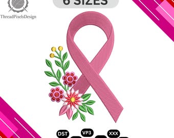Floral Pink Ribbon Embroidery Design: Cancer Awareness (Digital Download)