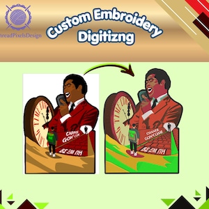 May include: A digital graphic showing a side-by-side comparison of an illustration featuring a person in a red suit singing into a microphone, a large clock face with the text LONG TIME COMING, and a path with the text CHANGE GON' COME.