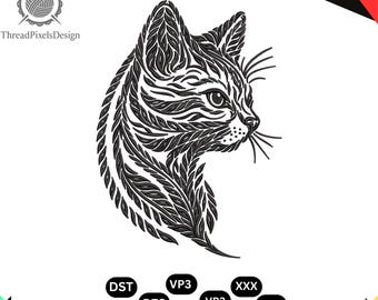 Cat Face Embroidery Design, Floral Animal Machine Embroidery (Digital Files)