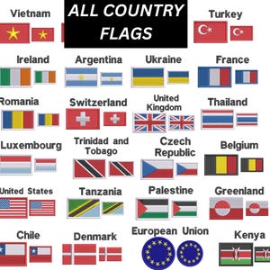 May include: A collection of embroidered country flag patches, such as the Union Jack, French Tricolore, and the Stars and Stripes. The text "ALL COUNTRY FLAGS" is displayed at the top. Each patch is rectangular and features detailed designs.