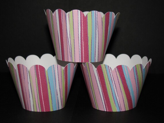 Items similar to pink green blue stripe Striped Cupcake Wrappers ...