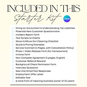 May include: A cream-colored graphic with the text "INCLUDED IN THIS Starter Kit." Below, a list of items such as "Hiring an Accountant," "Invoice Form," and "Employment Offer Letter" are listed. A Canva logo is in the upper right corner.