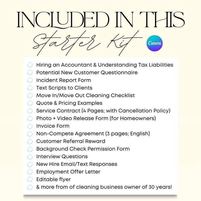 May include: A cream-colored graphic with the text "INCLUDED IN THIS Starter Kit." Below, a list of items such as "Hiring an Accountant," "Invoice Form," and "Employment Offer Letter" are listed. A Canva logo is in the upper right corner.