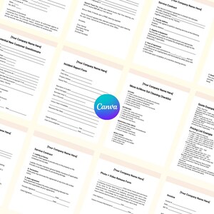 May include: A collection of white paper documents with black text, including forms, checklists, and contracts. The documents feature headings like "Service Contract" and "Move In/Move Out Cleaning Checklist." A circular "Canva" logo is visible in the center.