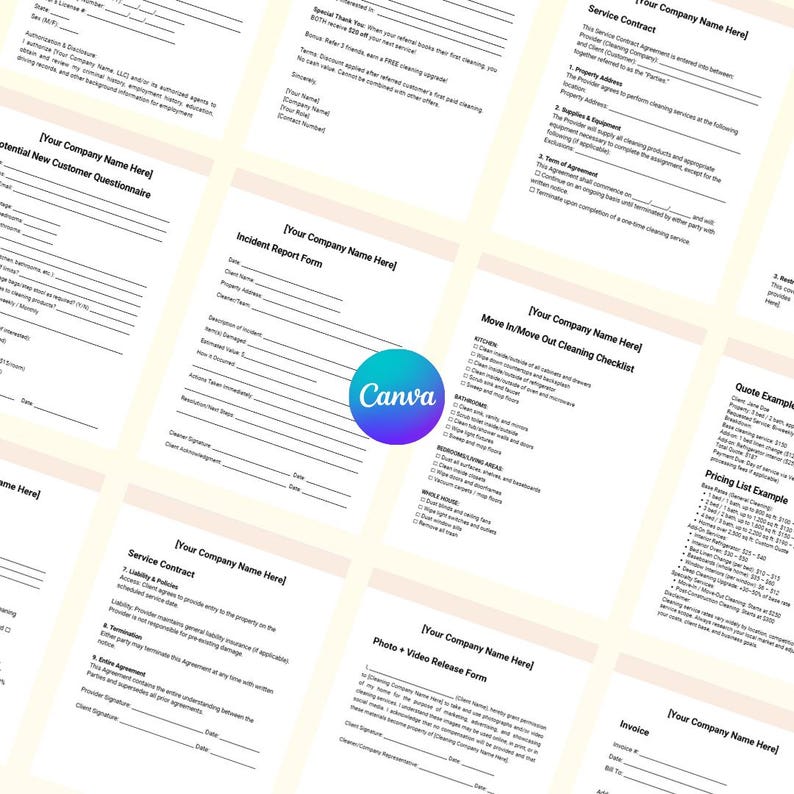 May include: A collection of white paper documents with black text, including forms, checklists, and contracts. The documents feature headings like "Service Contract" and "Move In/Move Out Cleaning Checklist." A circular "Canva" logo is visible in the center.