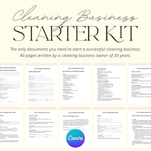 May include: A Cleaning Business Starter Kit with the text "Cleaning Business STARTER KIT". The kit includes various forms and documents, such as a new customer questionnaire and service contract. The kit is designed to help start a cleaning business.