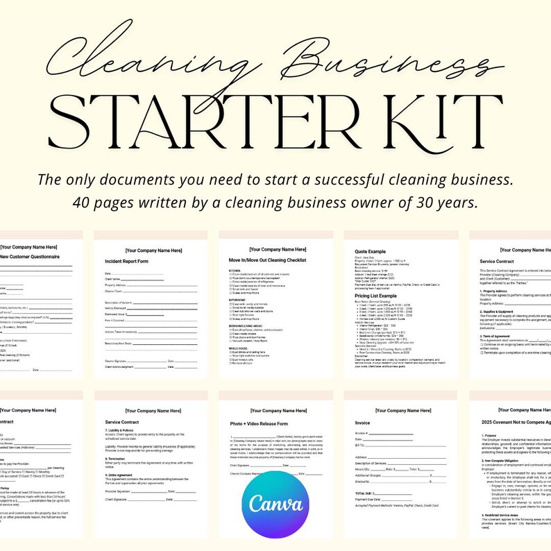 May include: A Cleaning Business Starter Kit with the text "Cleaning Business STARTER KIT". The kit includes various forms and documents, such as a new customer questionnaire and service contract. The kit is designed to help start a cleaning business.