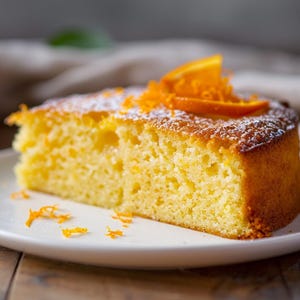 Peut inclure: Une part de gâteau à l'orange sur une assiette blanche. Le gâteau est jaune avec une croûte brun doré, garni de sucre glace, de zeste d'orange et de tranches d'orange. L'assiette est posée sur une surface en bois.