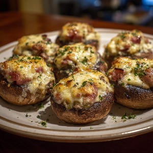 Puede incluir: Un plato de champiñones rellenos, un aperitivo sabroso. Los champiñones son marrones, rellenos con una mezcla de queso, tocino y hierbas, y horneados hasta que estén dorados. El plato es beige con un borde marrón, y el fondo está borroso.