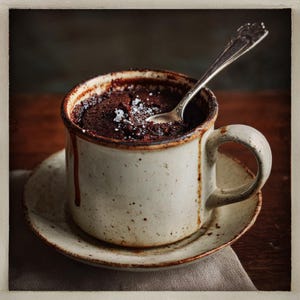 Könnte beinhalten: Eine Tasse Schokoladenkuchen mit einem silbernen Löffel. Die Tasse ist cremefarben mit braunen Akzenten und steht auf einer passenden Untertasse. Der Kuchen ist dunkelbraun und mit weißen Kristallen bestreut. Der Löffel ist verziert.