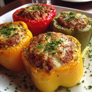 Peut inclure: Quatre poivrons farcis de couleurs différentes : jaune, rouge et vert, garnis d'un mélange de viande, recouverts de fromage fondu et de persil frais. Un plat coloré et appétissant, idéal pour un repas.