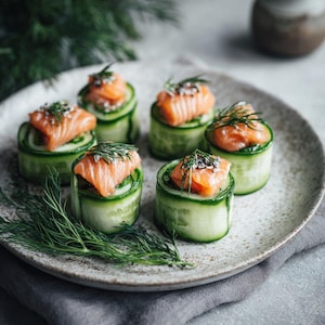 Op de afbeelding: Een bord met komkommerrolletjes, belegd met zalm en dille. De zalm heeft een heldere oranje kleur, de komkommer is heldergroen. Sesammzaadjes zorgen voor contrast. Het gerecht is gepresenteerd op een gespikkelde, lichtgekleurde plaat.