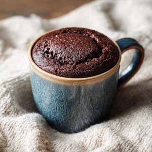 Könnte beinhalten: Ein dunkler Schokoladenkuchen in einer blauen Keramiktasse mit Henkel. Die Tasse hat eine gesprenkelte Glasur und einen beigen Rand. Der Kuchen ist frisch gebacken und hat eine leicht rissige Oberfläche. Die Tasse steht auf einem neutralfarbenen Stoff.