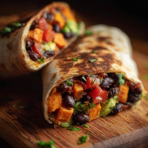 May include: Two halves of a burrito filled with black beans, diced sweet potatoes, avocado, and tomatoes. The tortilla is lightly browned. The burrito is on a wooden cutting board.
