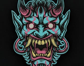 Oni Mask Embroidered Iron-On Patch | Japanese Demon Hannya Mask Tattoo Style | Yokai / Streetwear / Back Patch for Jacket | Cosplay Accesory