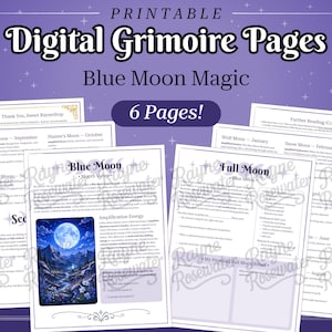 Peut inclure: Pages de grimoire numériques imprimables avec le texte "Blue Moon Magic" et "6 Pages!". Les pages présentent du texte et des illustrations sur les phases de la lune et les pratiques magiques. Le fond est un dégradé de violet et de bleu.