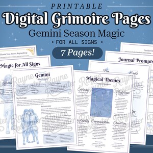 May include: A set of printable digital grimoire pages with the text "Digital Grimoire Pages" and "Gemini Season Magic". The pages contain illustrations and text about Gemini, astrology, and magical themes. The words "7 Pages!" are also visible.