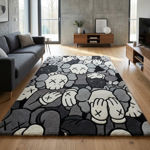 KAWS Inspired Hand Tufted Rug, Monochrome Pop Muse Rug, Wool Area Rug, Modern Abstract Handmade Rug, Custom Size Contemporary Luxury Carpet