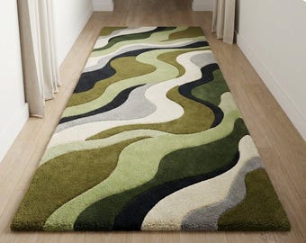 Alfombra moderna de lana tejida a mano con remolinos verdes para pasillos