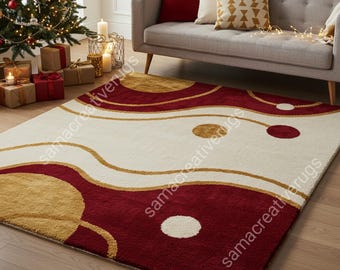 May include: A rectangular area rug with a cream-colored background, featuring a design of burgundy and gold circular and wavy patterns. The rug is placed on a wooden floor, with a sofa and Christmas tree in the background.